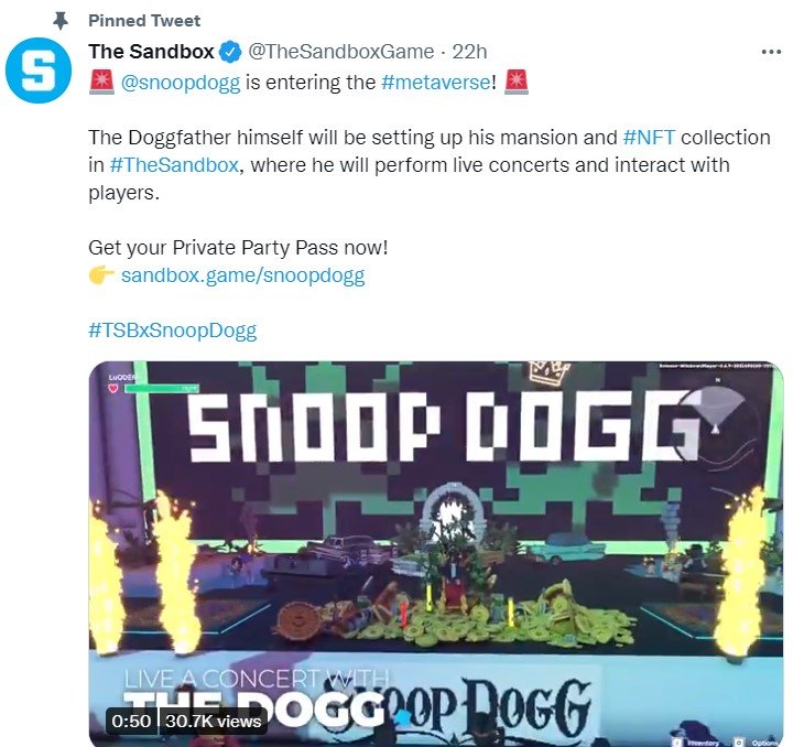 - Crypto and Coin Official announcement of The Sandbox Snoop Dogg NFT collection via Twitter