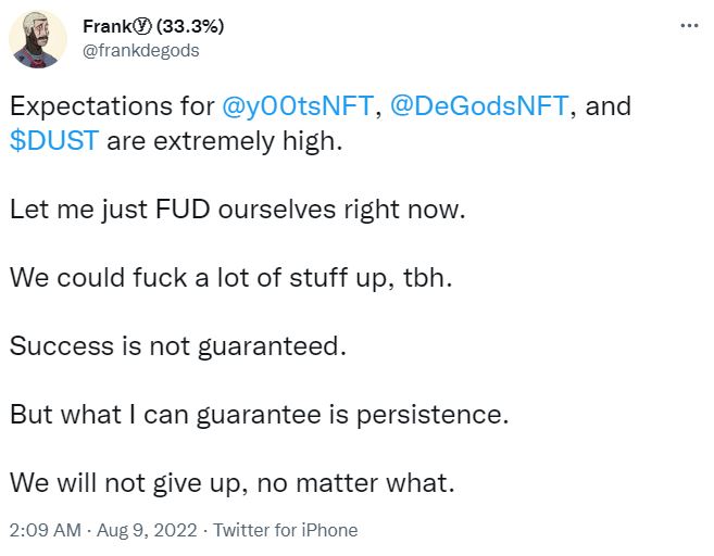 - Crypto and Coin Twitter screenshot of Frank DeGods explaining his persistance while working on the y00ts drop