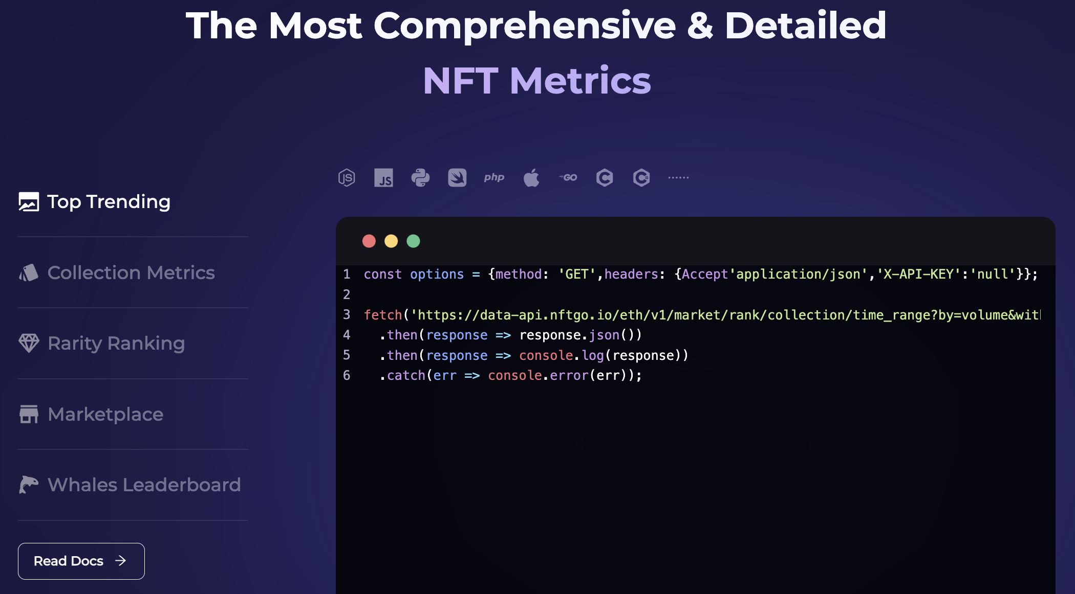 - Crypto and Coin digital screenshot of the NFTGo Developers API tools