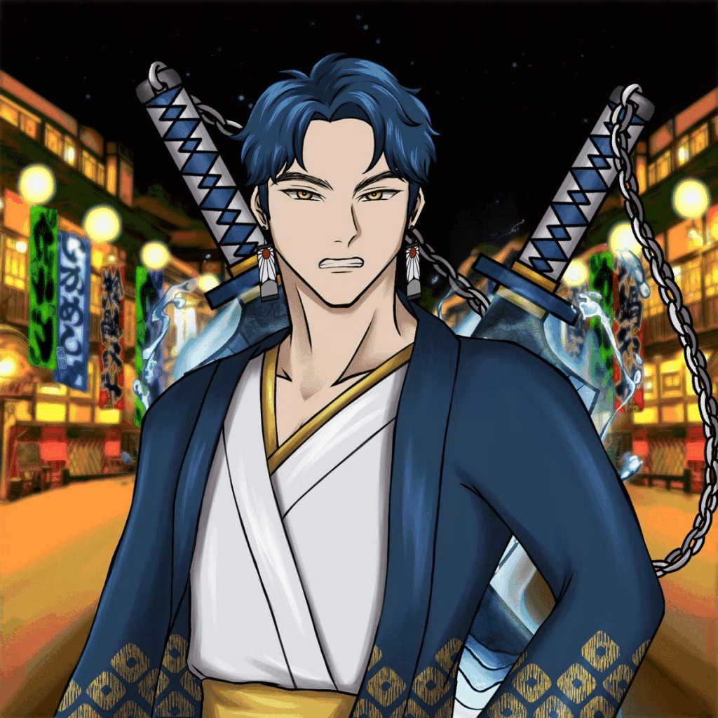 - Crypto and Coin gif of changinf anime character NFTs illustrations of warriors.