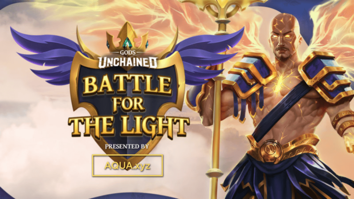 Gods Unchained tournament poster depicting the words "Battle For The Light" in stylized font.