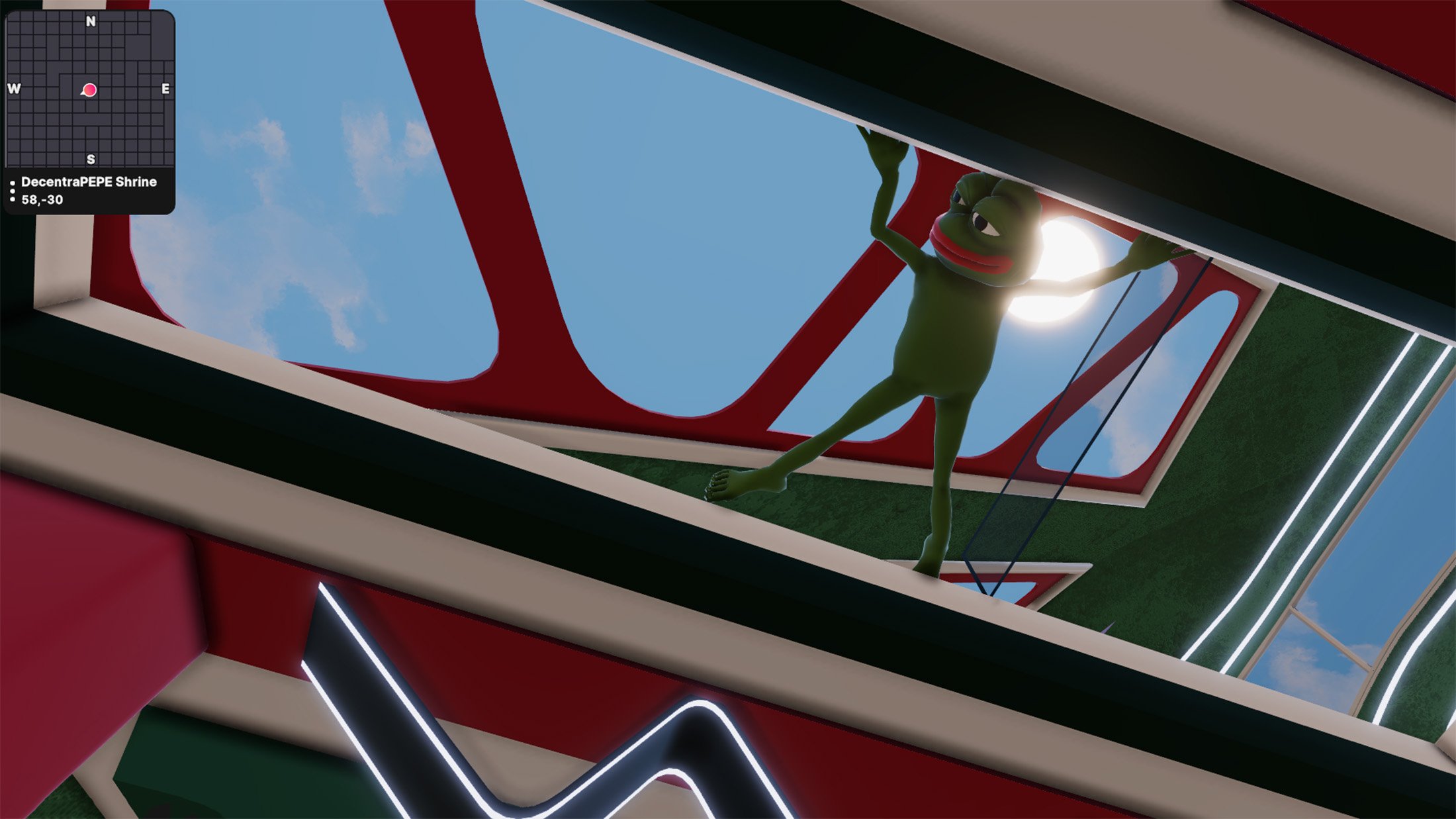 - Crypto and Coin image of a PEPE characte from an installation within Decentraland's metaverse art week