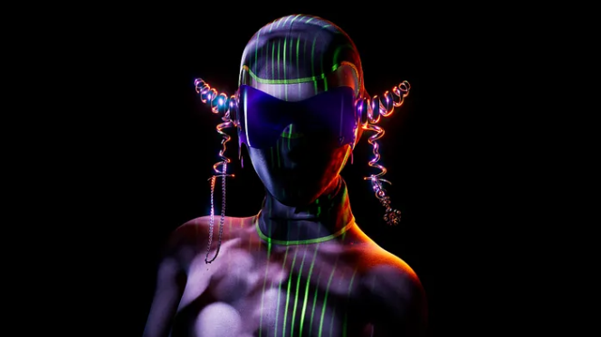 - Crypto and Coin purple and green digital person and clothing for The Fabricant