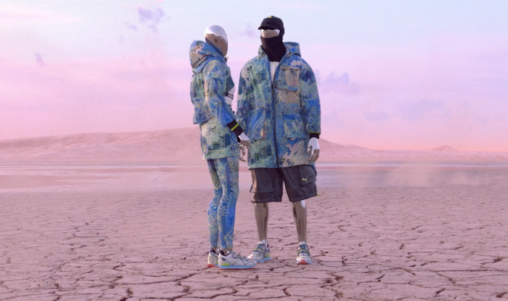 - Crypto and Coin image of two digital fashion characters in the metaverse on a desert background