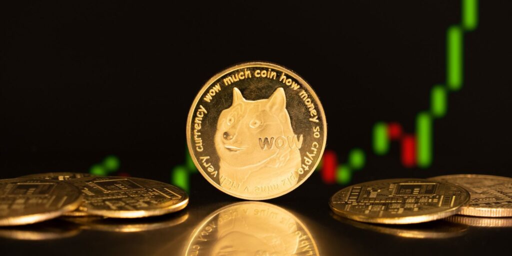 gold dogecoins in front of exchange graph