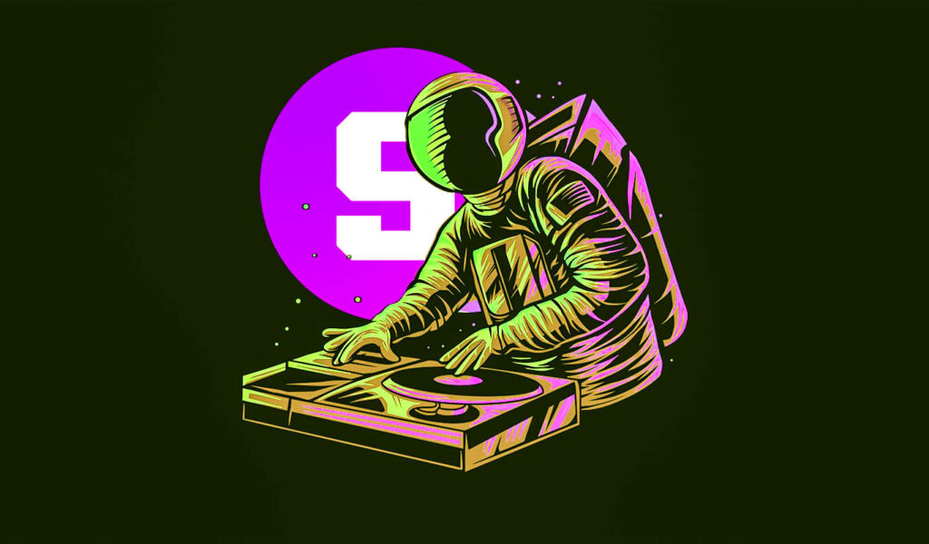 sandbox-partnership-music.jpg - Crypto and Coin astronaut dj vector with moon background vector illustration design