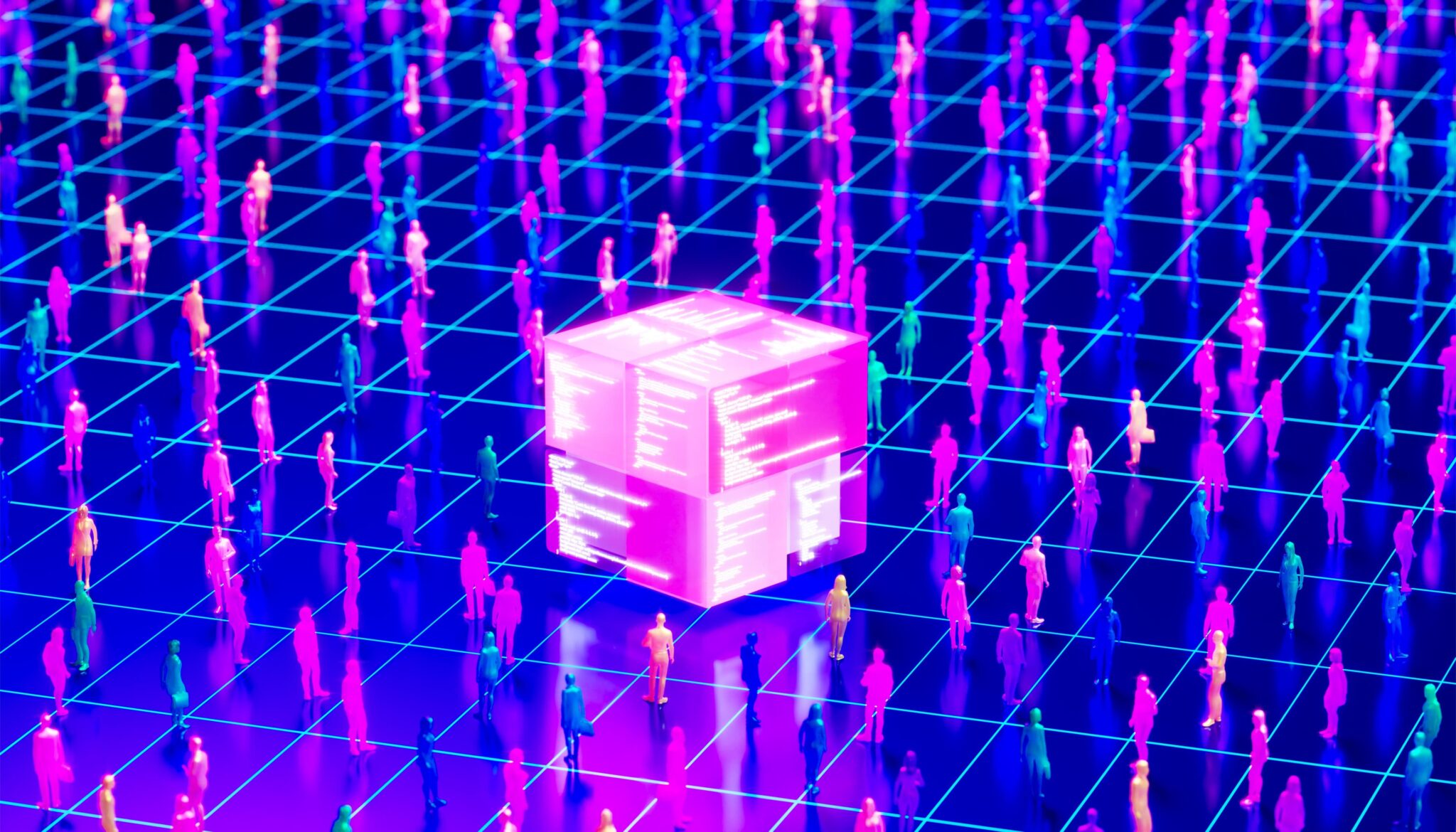 Neon figures standing on a blue grid with a glowing pink data cube at the center (digital, futuristic scene).