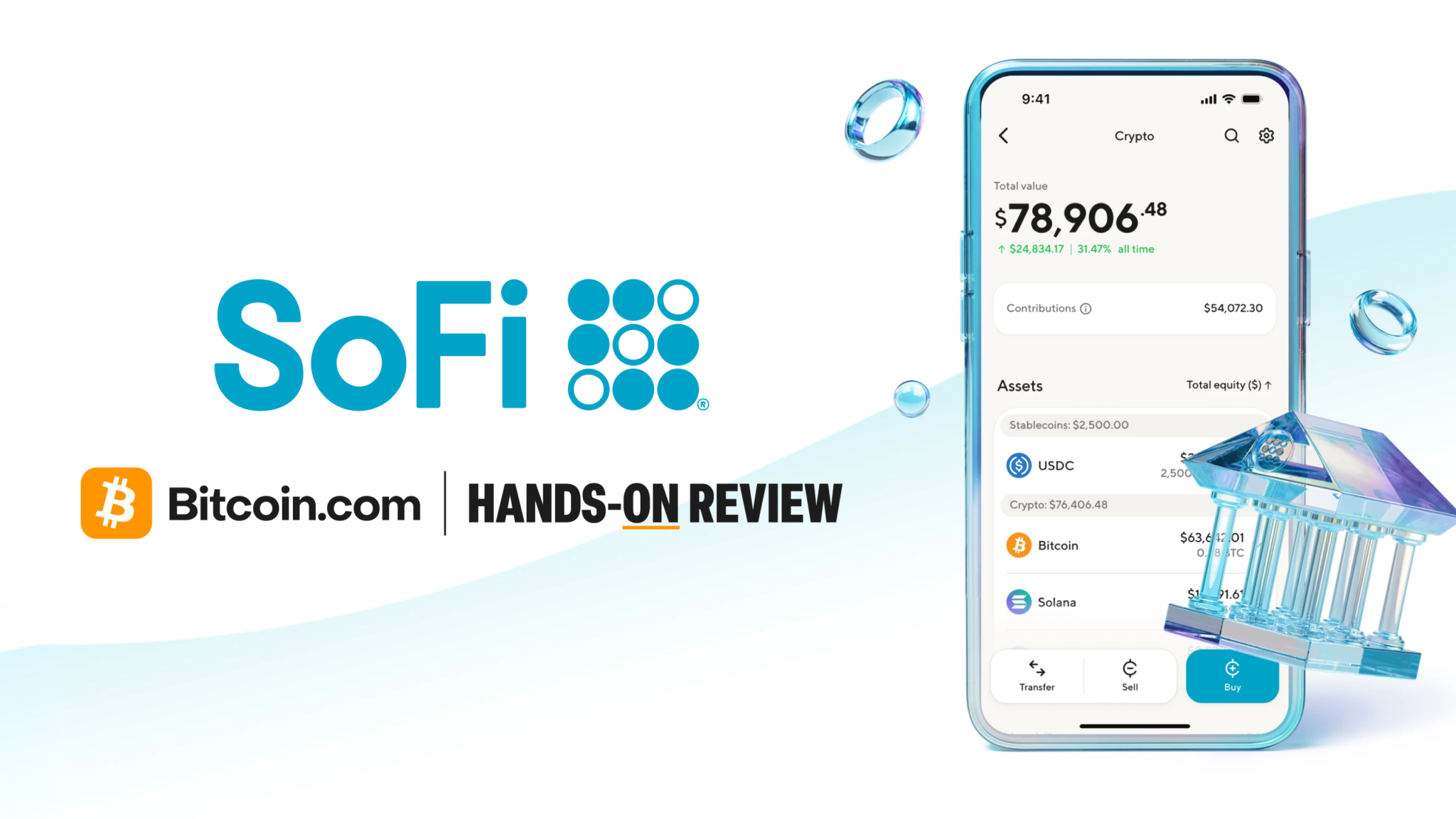 Sofi logo with Bitcoin.com Hands-On Review heading and a smartphone showing a crypto portfolio on the right side.