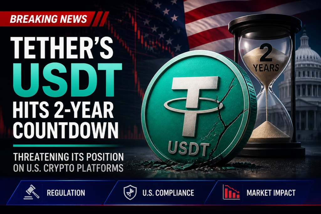 Breaking news banner: Tether's USDT hits a 2-year countdown with a cracked green USDT coin and an hourglass labeled '2 YEARS' against a backdrop of the US Capitol and flag.