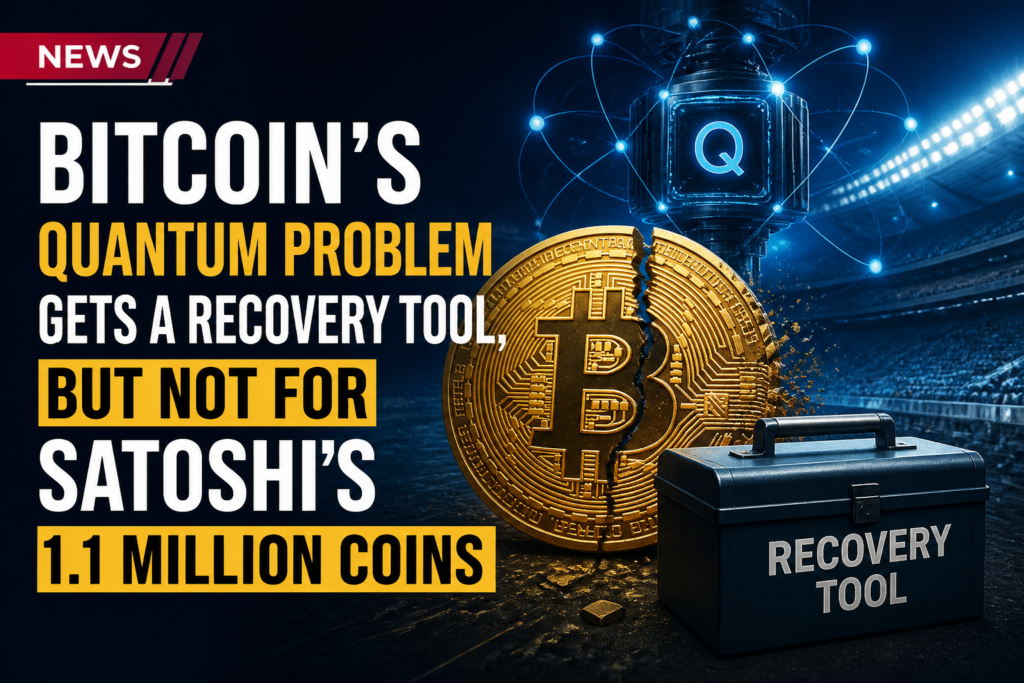 News graphic: Bitcoin's quantum problem gets a recovery tool, showing a cracked gold Bitcoin beside a 'Recovery Tool' box on a tech-themed background.