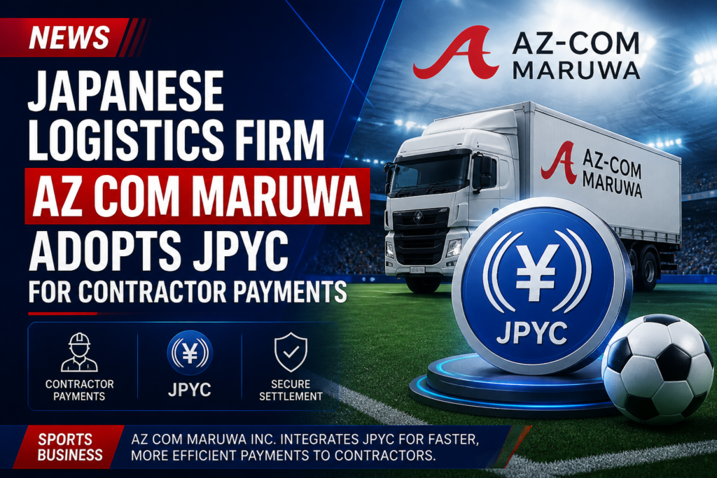 Advertising banner for AZ-COM MARUWA: truck showfront with bold headlines about adopting JPYC for contractor payments, set on a stadium background with a blue JPYC coin and soccer ball nearby