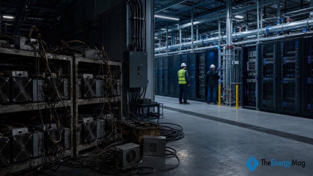 Data center with rows of server racks and blue-lit cabinets; two workers in hard hats inspect equipment.