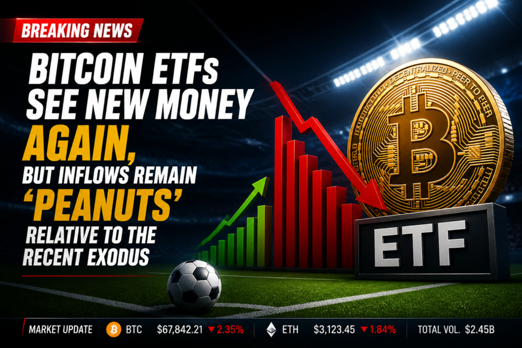 no_translation_577_ffhaj7cer7v0iim75vzkfy4c_no_translation_translation - Crypto and Coin Breaking news: Bitcoin ETFs see new money again, with a large Bitcoin coin and a falling red chart in a stadium background.",