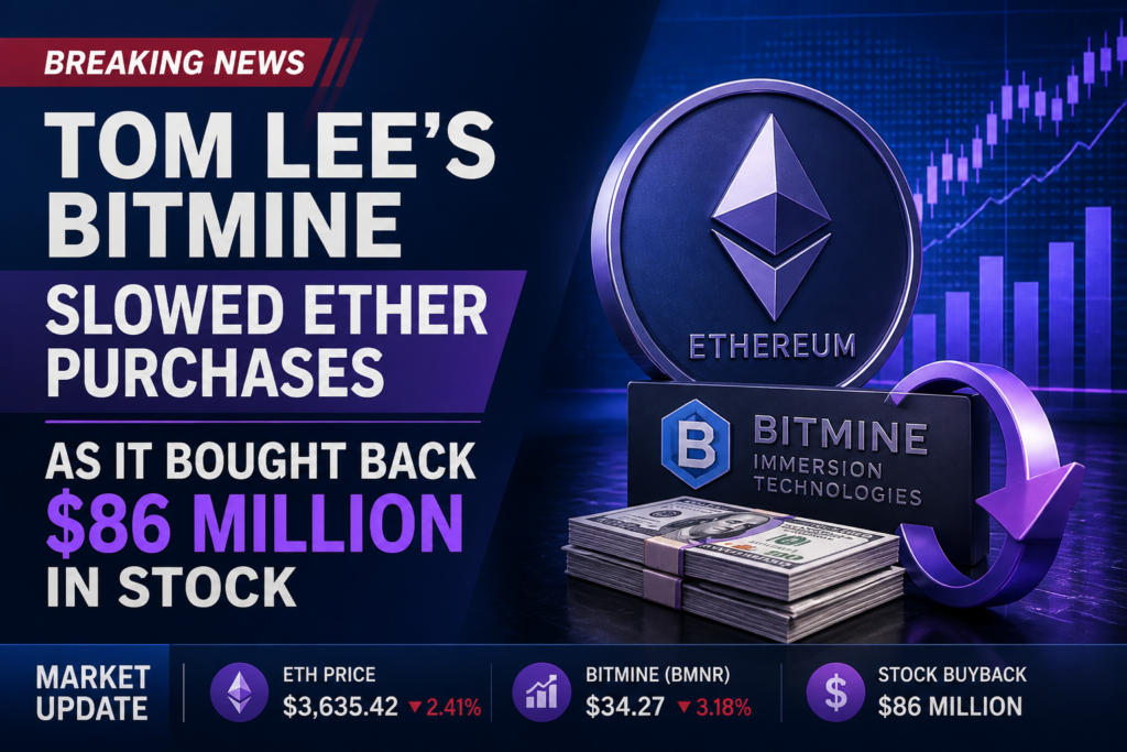 Breaking news graphic about Tom Lee's Bitmine slowing Ether purchases, featuring an Ethereum coin and stock chart visuals.