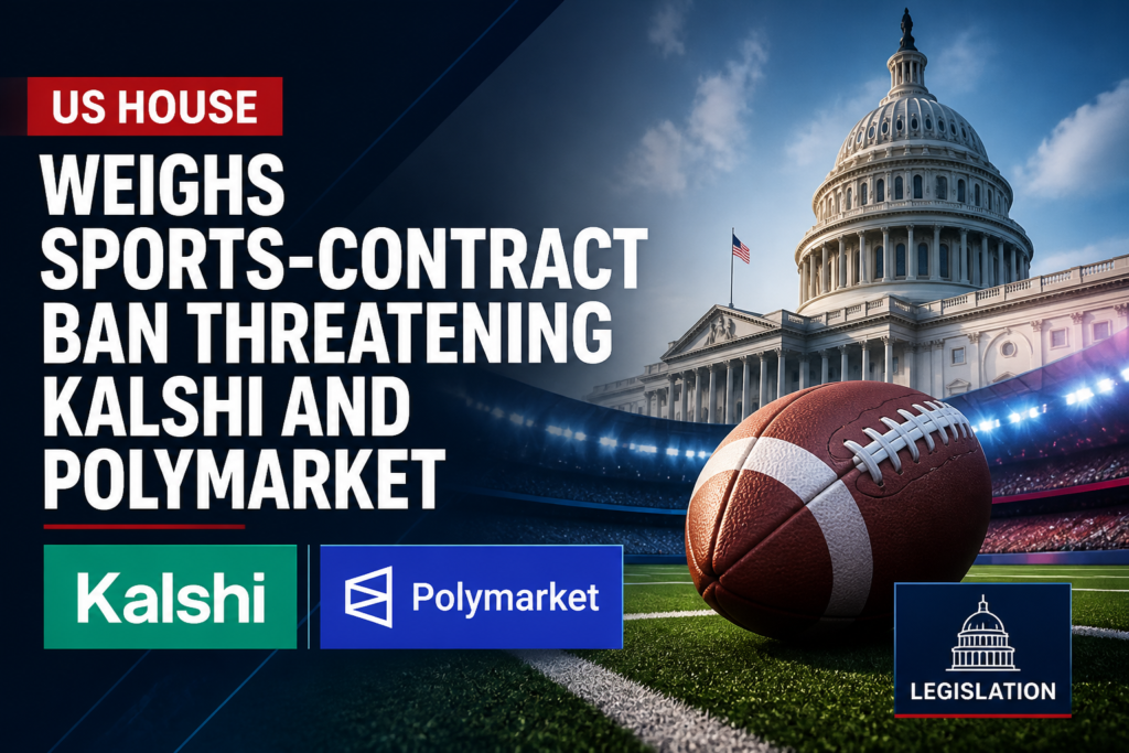 News banner showing the U.S. Capitol, a football on a stadium field, and a bold headline about the U.S. House weighing a sports-contract ban affecting Kalshi and Polymarket.