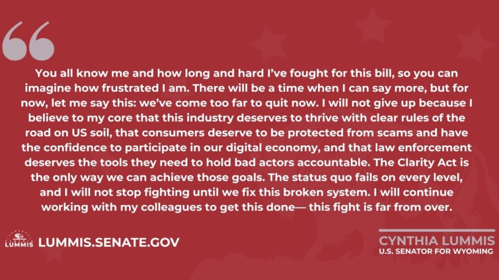 Quote graphic on red background: a message from Senator Cynthia Lummis about continuing the fight for the bill and consumer protections, with LUMMIS.SENATE.GOV at the bottom left.